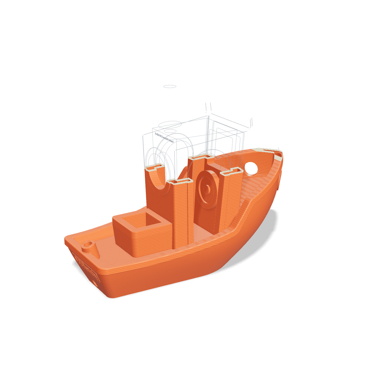 model testowy 3DBenchy w podglądzie warstw: wydrukowane 132 z 240 warstw, wyżej krawędzie części, która dopiero się wydrukuje.